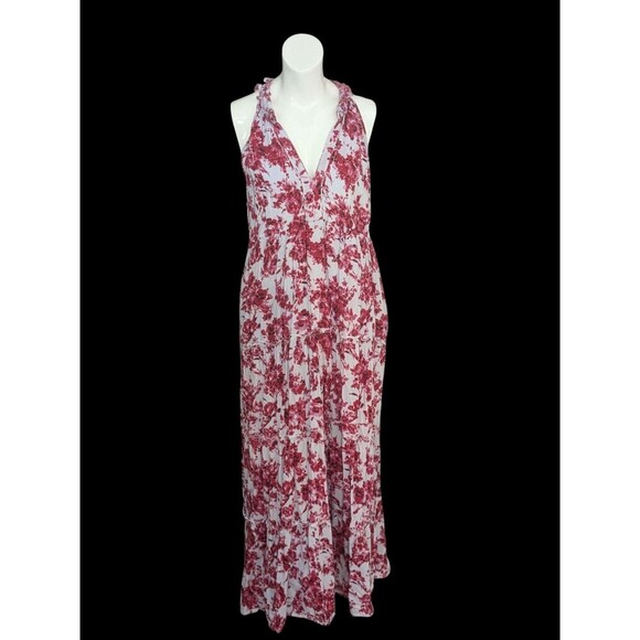 Lola Australia Sapphire Cotton Maxi Dress Floral Lavender Red Ruffle Halter Sz M - Picture 1 of 10